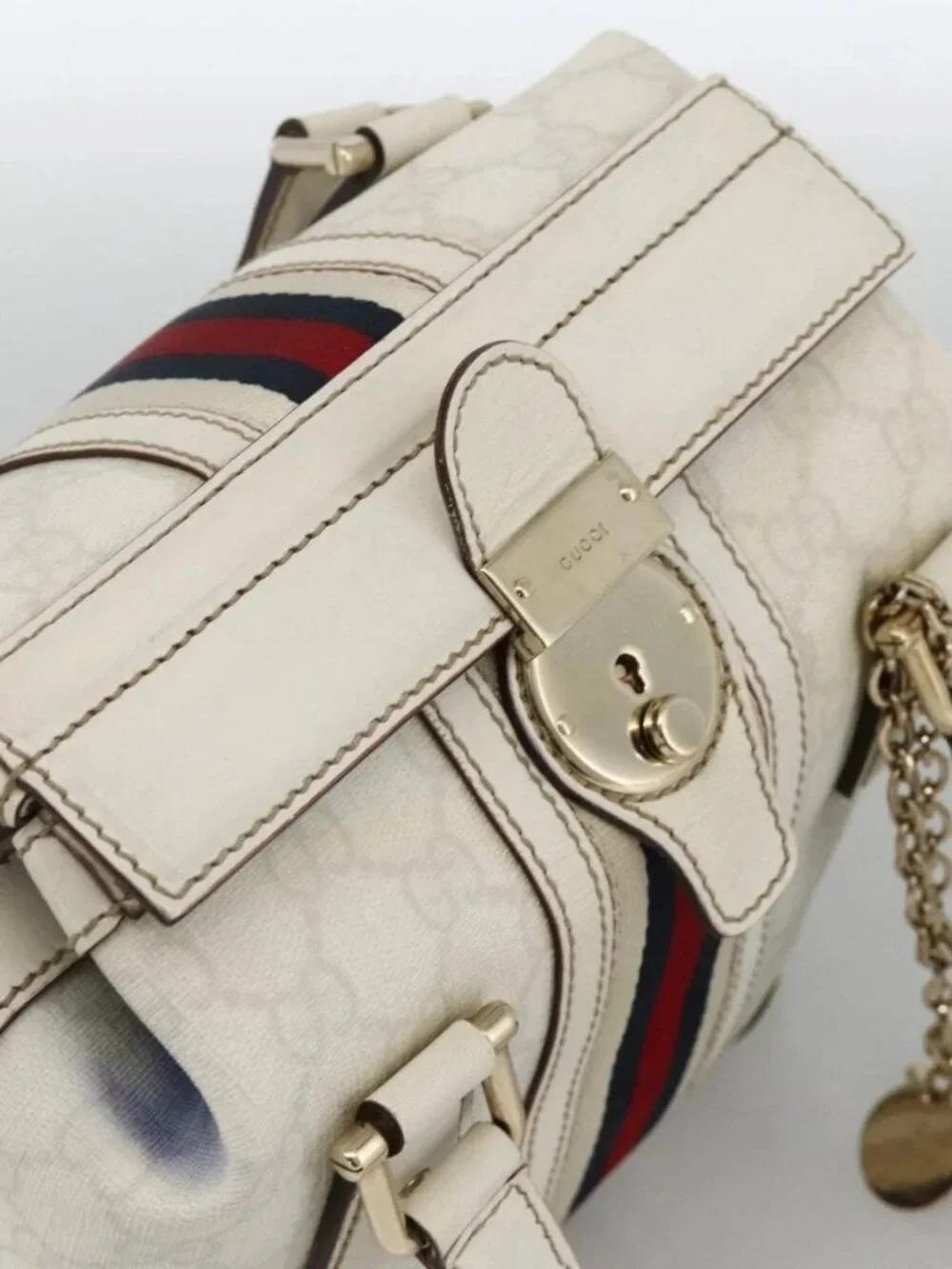 GUCCI GG Supreme Sherry Line Ophidia Hand Bag PVC White Gold 153028 Auth YKZ923